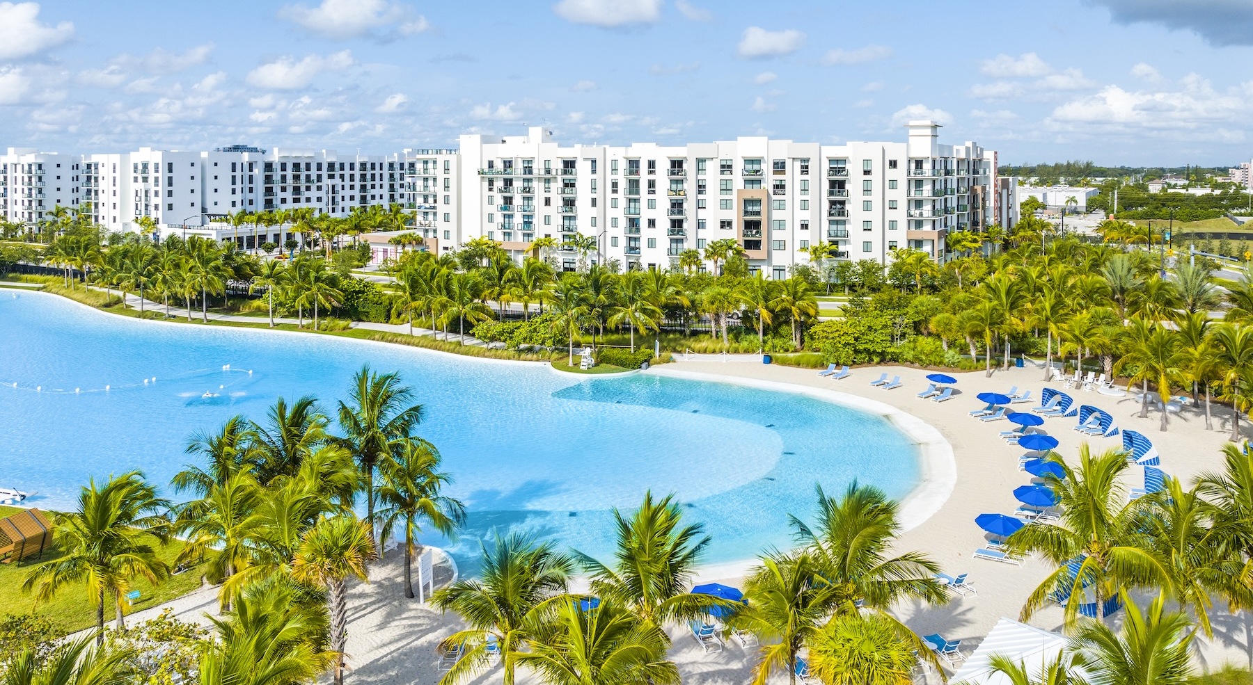 a lagoon near a tall building