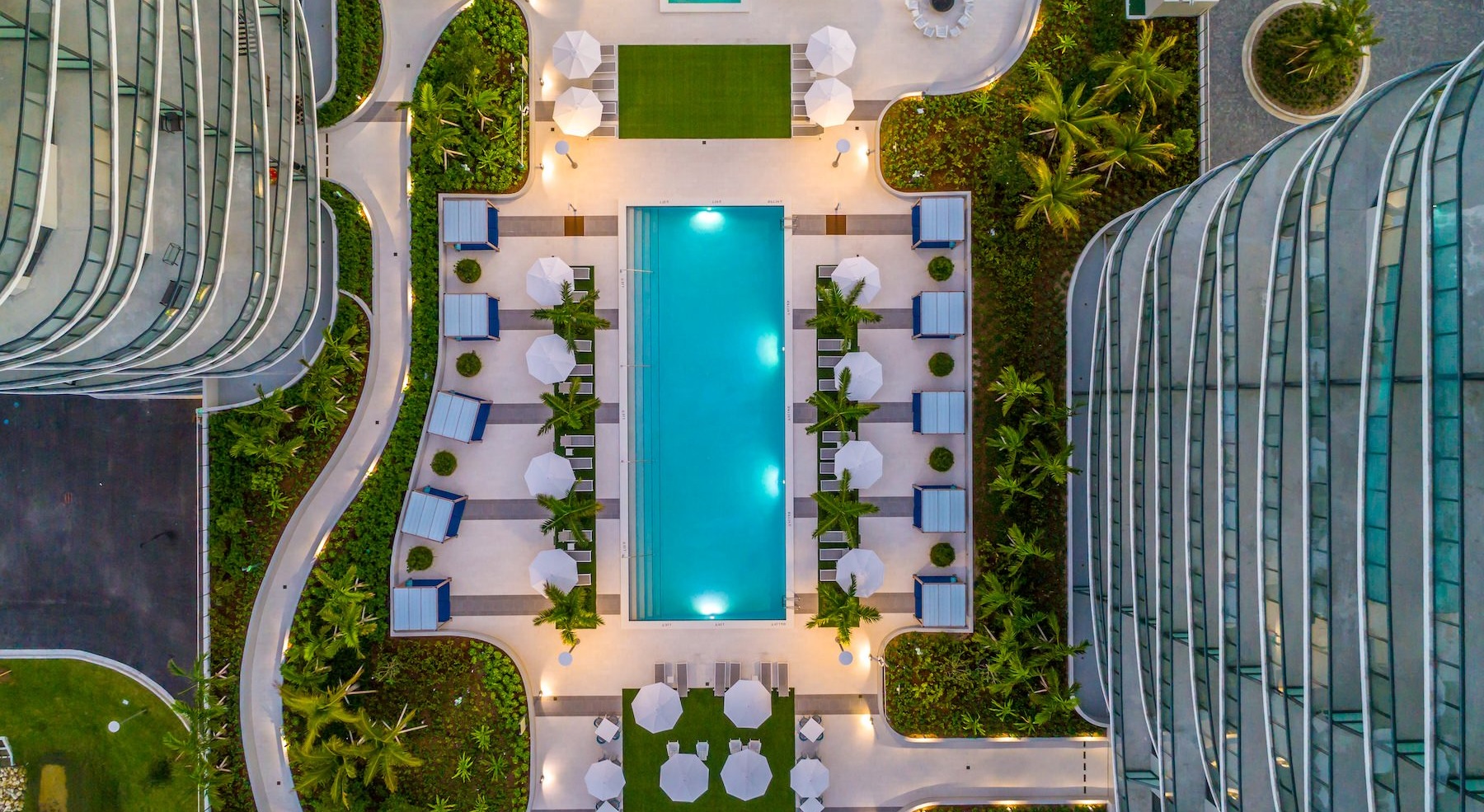 a courtyard with a pool