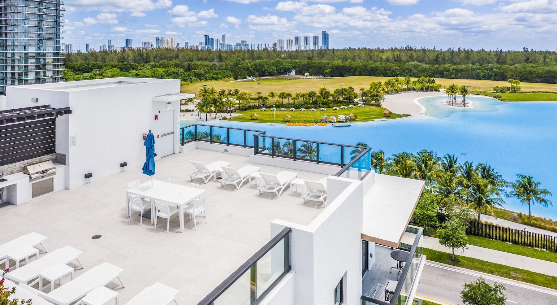 a rooftop near a lagoon