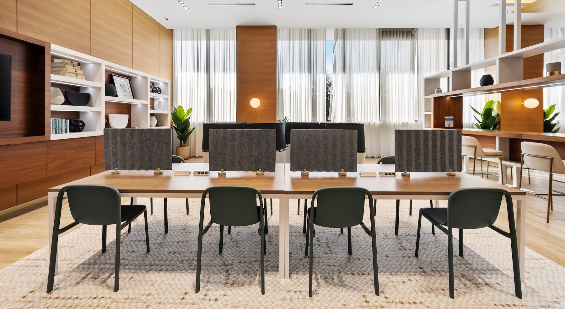 a clubroom kitchen with tables and chairs