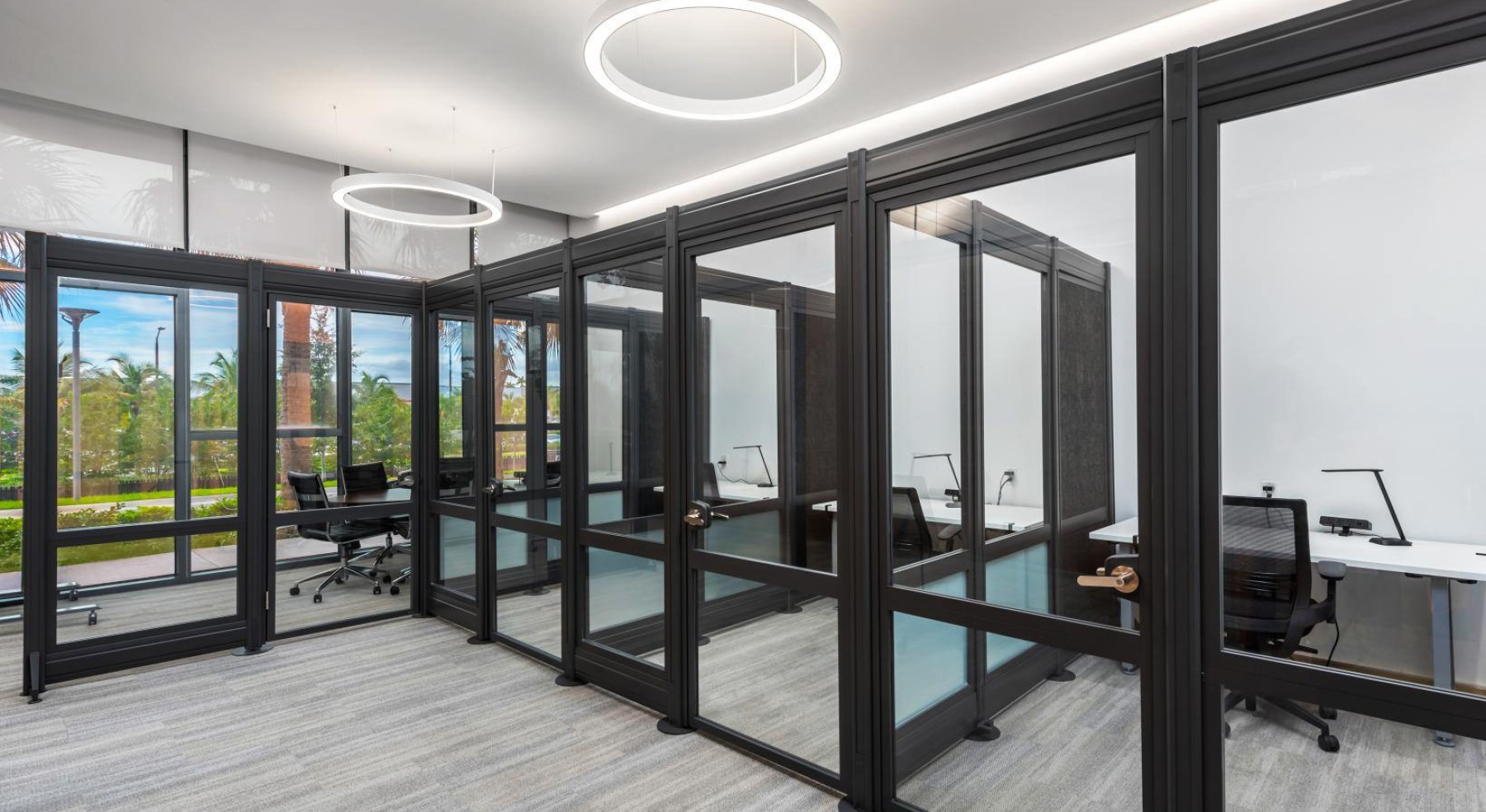 a co-working area with private rooms