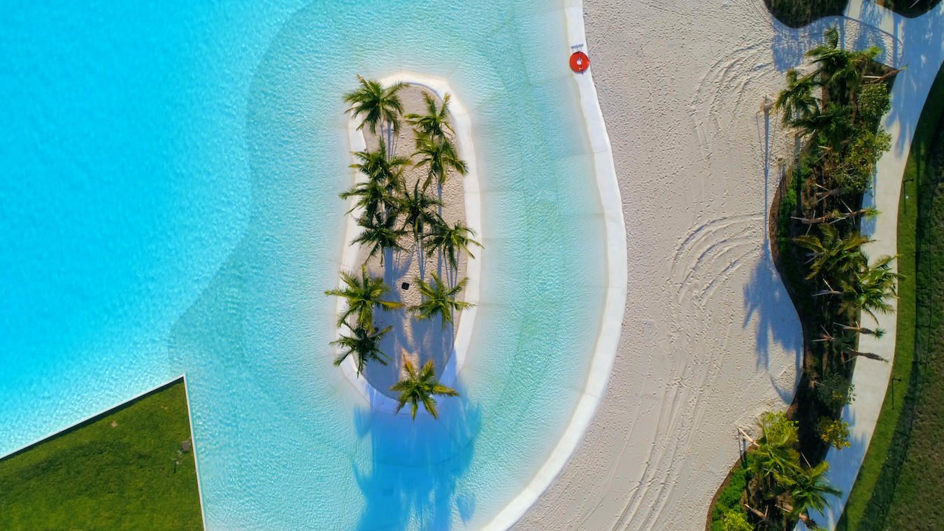 aerial view of a pool and sand